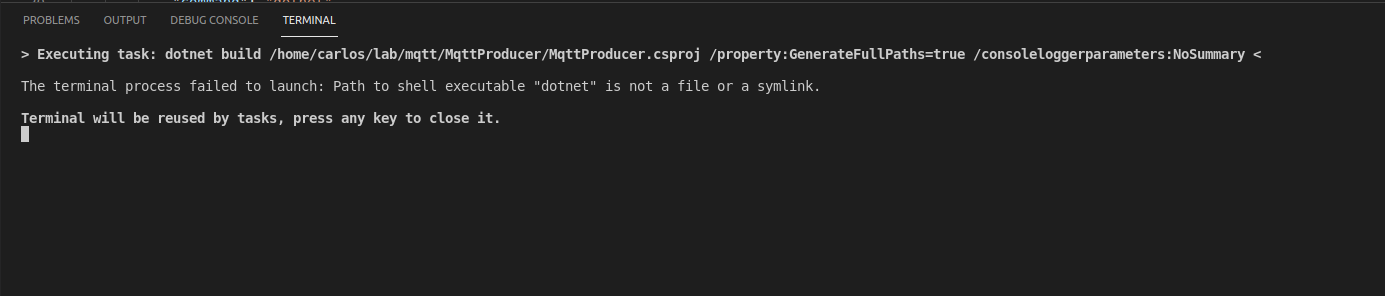 VS Code and dotnet core: fixing ‘The terminal shell path “dotnet” is a directory’