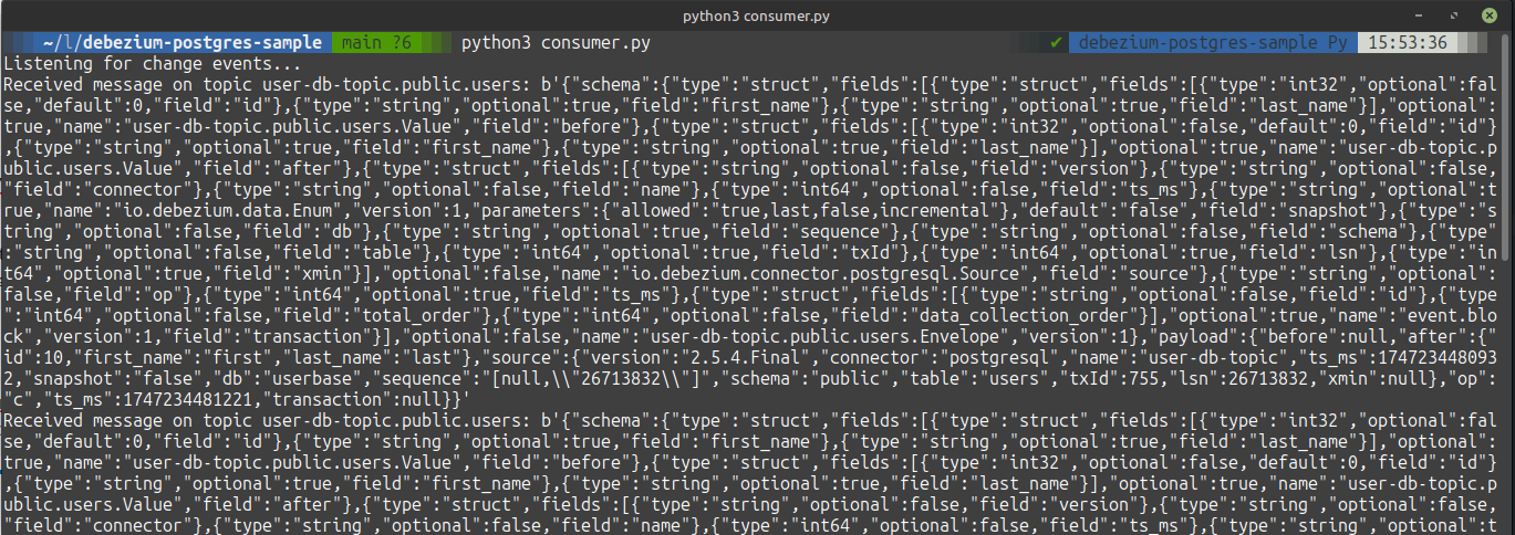 python consumer output for debezium events